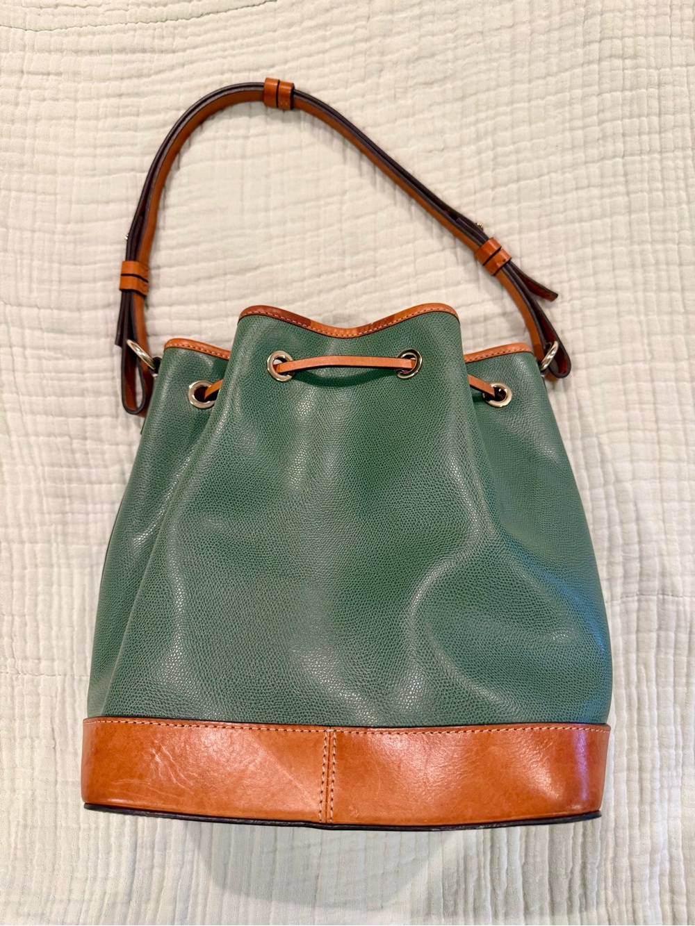 Dooney & Bourke Olive Green Leather Drawstring Bucket Bag w/ Tan Trim - Picture 2 of 9